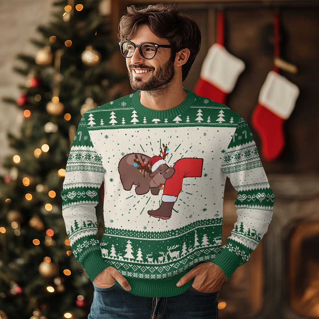 Funny Moo-Deng Christmas Ugly Christmas Sweater MooDengMas Xmas Baby Pygmy Hippo Cute Zoo For Family Tee TS10 Green Print Your Wear