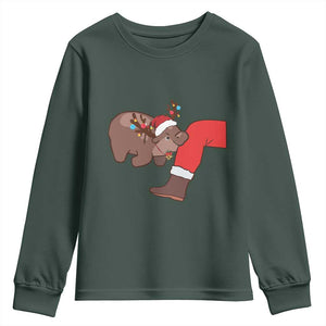 Funny Moo-Deng Christmas Youth Sweatshirt MooDengMas Xmas Baby Pygmy Hippo Cute Zoo For Family Tee TS10 Dark Forest Green Print Your Wear