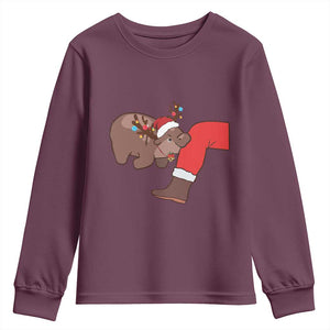 Funny Moo-Deng Christmas Youth Sweatshirt MooDengMas Xmas Baby Pygmy Hippo Cute Zoo For Family Tee TS10 Maroon Print Your Wear
