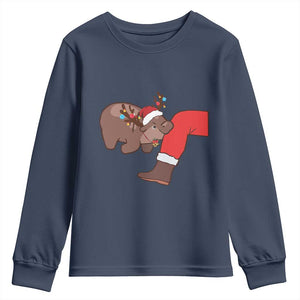 Funny Moo-Deng Christmas Youth Sweatshirt MooDengMas Xmas Baby Pygmy Hippo Cute Zoo For Family Tee TS10 Navy Print Your Wear