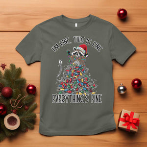 Christmas Racoon T Shirt I'm Fine Everything Is Fine Xmas Lights TS10 Military Green Print Your Wear
