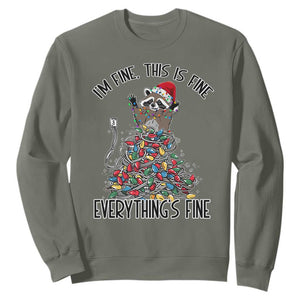Christmas Racoon Sweatshirt I'm Fine Everything Is Fine Xmas Lights TS10 Military Green Print Your Wear
