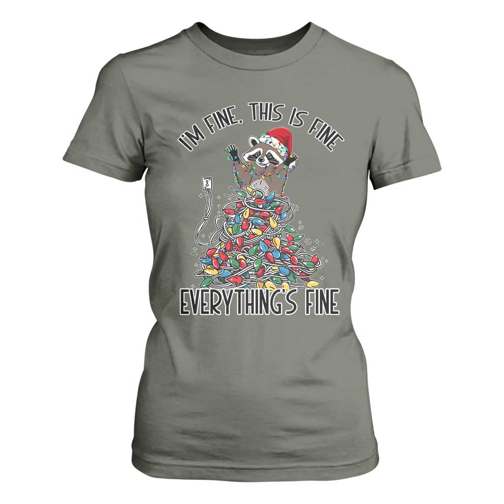 Christmas Racoon T Shirt For Women I'm Fine Everything Is Fine Xmas Lights TS10 Military Green Print Your Wear