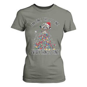Christmas Racoon T Shirt For Women I'm Fine Everything Is Fine Xmas Lights TS10 Military Green Print Your Wear