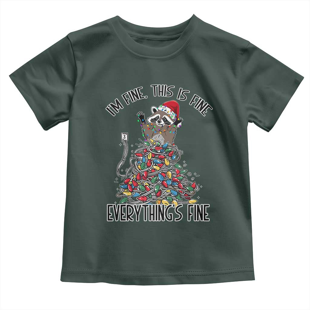 Christmas Racoon Toddler T Shirt I'm Fine Everything Is Fine Xmas Lights TS10 Dark Forest Green Print Your Wear