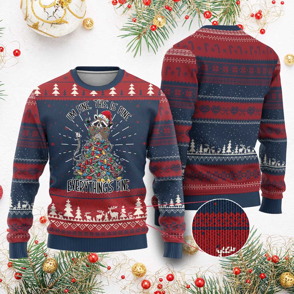 Christmas Racoon Knit Sweatshirt I'm Fine Everything Is Fine Xmas Lights - Print Your Wear