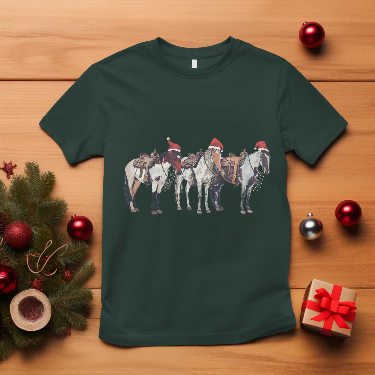 Horse Christmas T Shirt Western Cowboy Cowgirl Howdy Country TS10 Dark Forest Green Print Your Wear