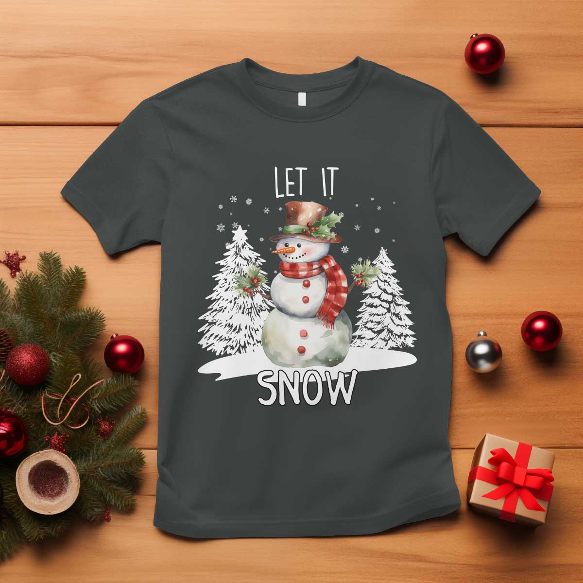 Christmas Let It Snow T Shirt Funny Snowman Snowflakes Xmas Tree TS10 Dark Heather Print Your Wear