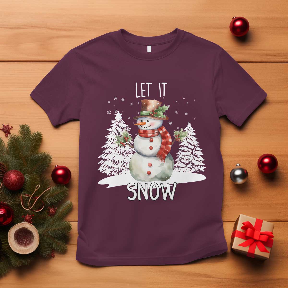 Christmas Let It Snow T Shirt Funny Snowman Snowflakes Xmas Tree TS10 Maroon Print Your Wear