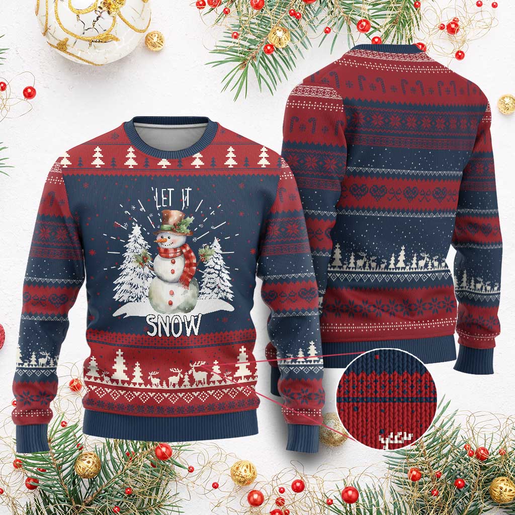 Christmas Let It Snow Knit Sweatshirt Funny Snowman Snowflakes Xmas Tree - Print Your Wear