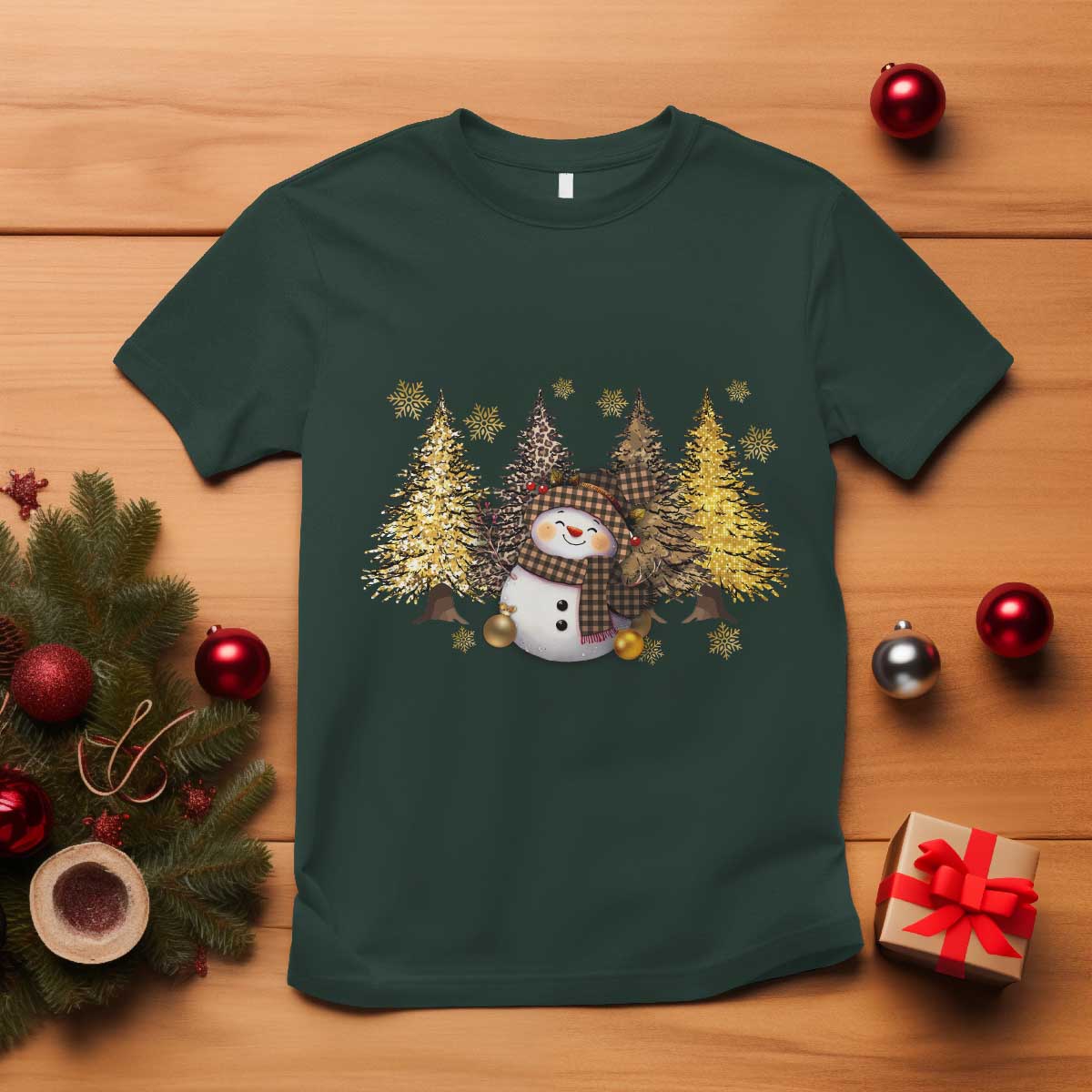 Christmas Snowman T Shirt Cute Winter Leopard Xmas Tree Farm TS10 Dark Forest Green Print Your Wear