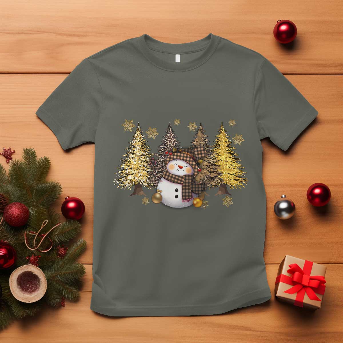 Christmas Snowman T Shirt Cute Winter Leopard Xmas Tree Farm TS10 Military Green Print Your Wear