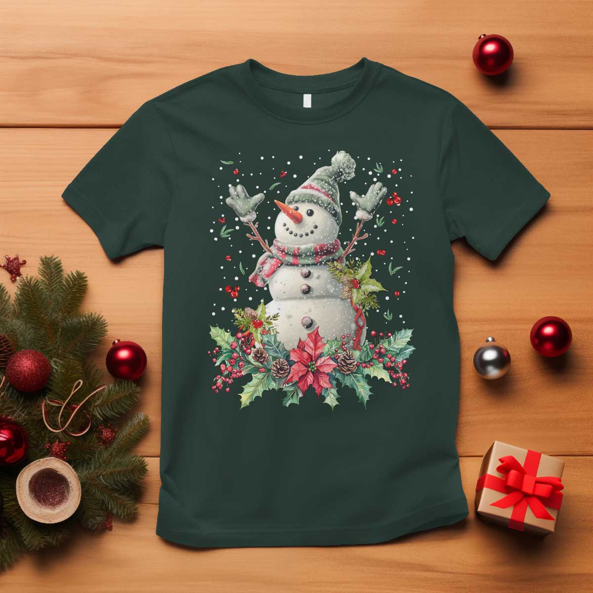 Christmas Snowman T Shirt Retro Winter Holiday Gift For Her TS10 Dark Forest Green Print Your Wear