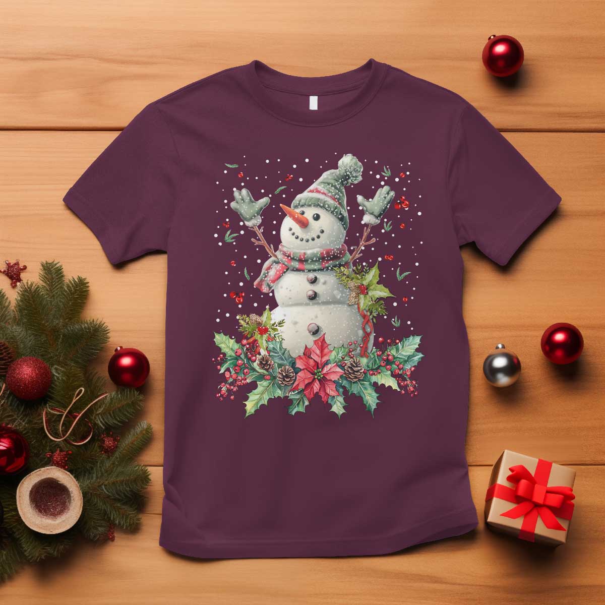Christmas Snowman T Shirt Retro Winter Holiday Gift For Her TS10 Maroon Print Your Wear