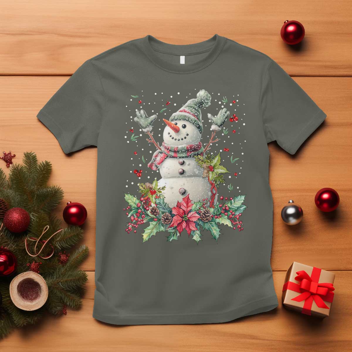 Christmas Snowman T Shirt Retro Winter Holiday Gift For Her TS10 Military Green Print Your Wear