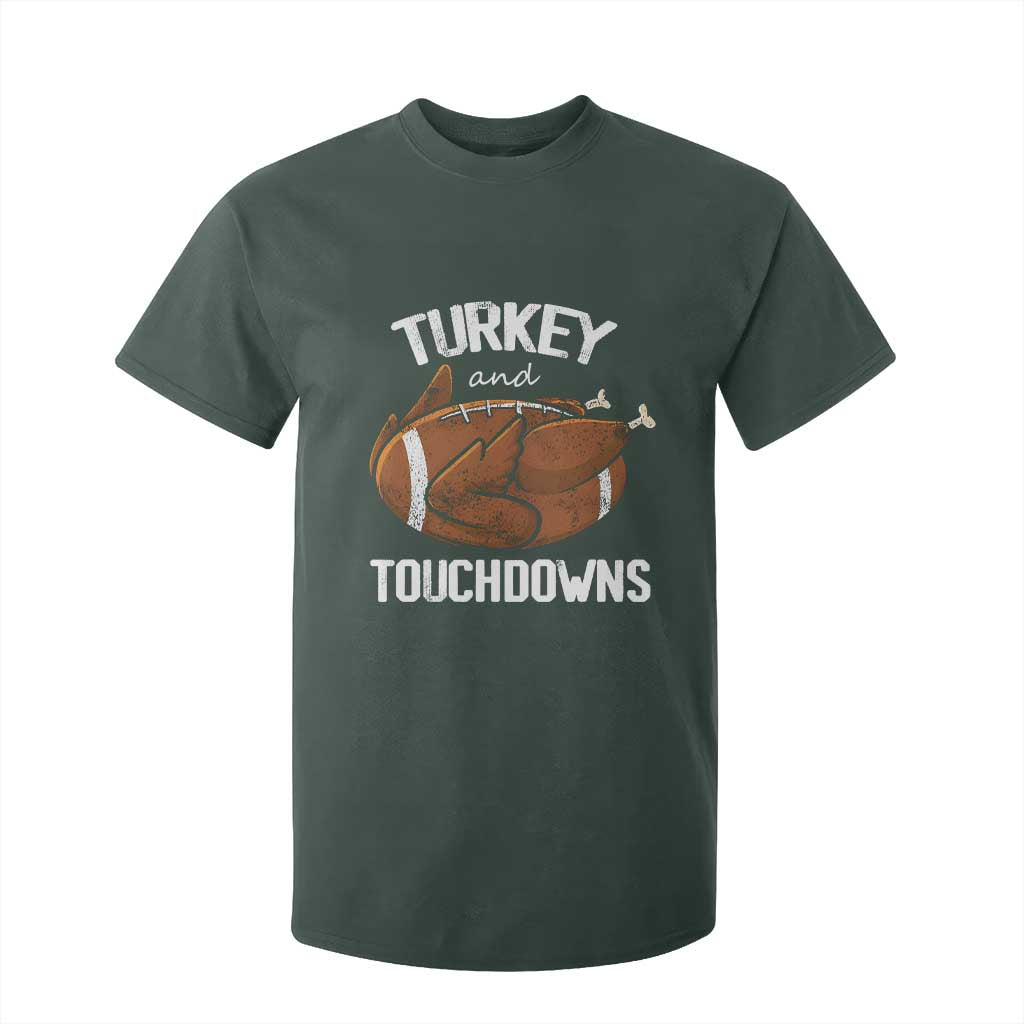 Funny Thanksgiving T Shirt For Kid Turkey and Touchdowns Football Season TS10 Dark Forest Green Print Your Wear