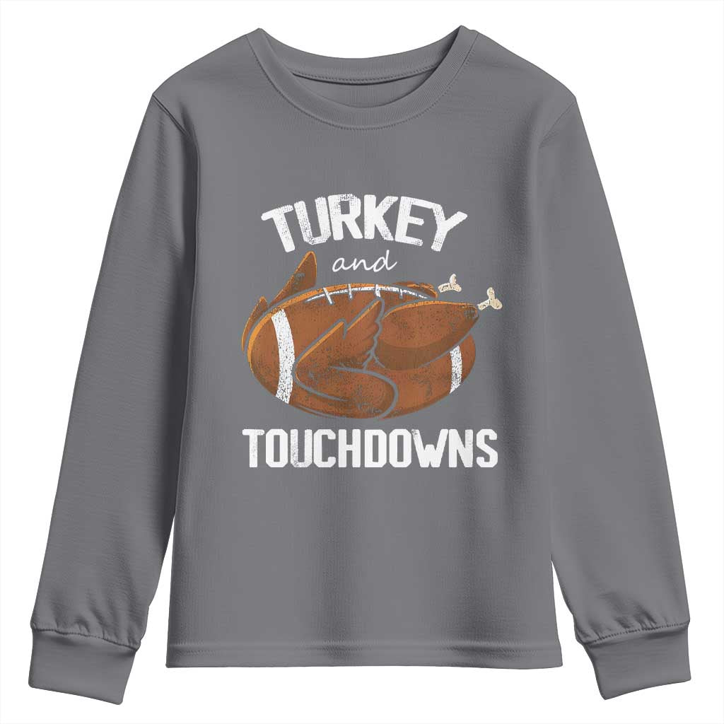 Funny Thanksgiving Youth Sweatshirt Turkey and Touchdowns Football Season TS10 Charcoal Print Your Wear