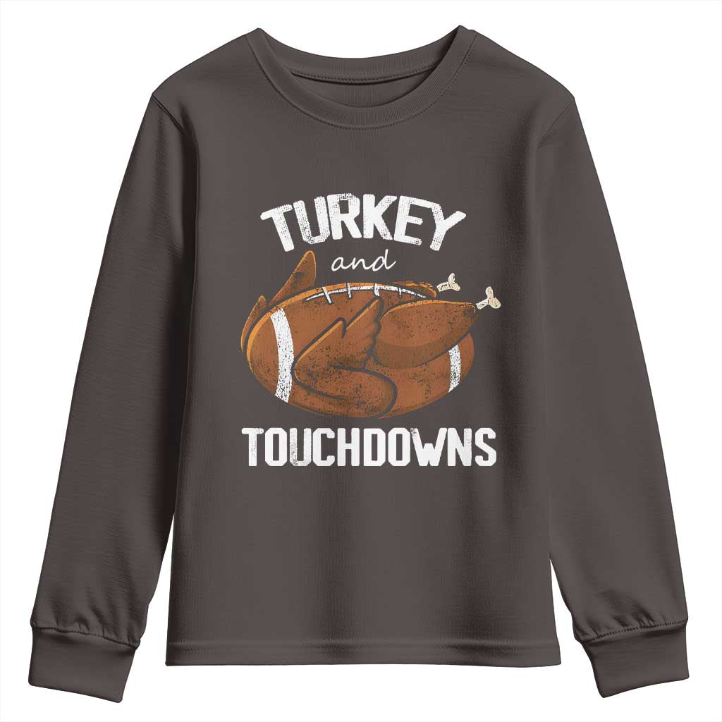 Funny Thanksgiving Youth Sweatshirt Turkey and Touchdowns Football Season TS10 Dark Chocolate Print Your Wear