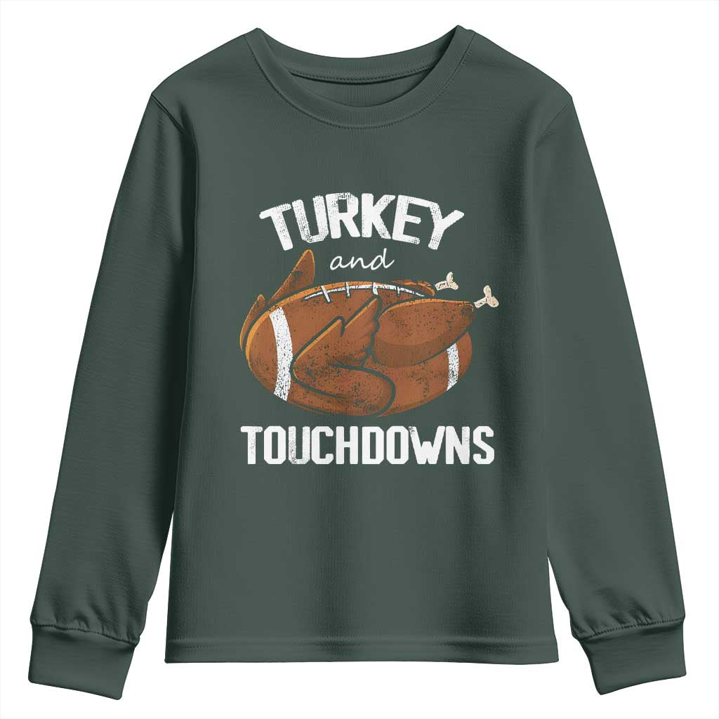 Funny Thanksgiving Youth Sweatshirt Turkey and Touchdowns Football Season TS10 Dark Forest Green Print Your Wear