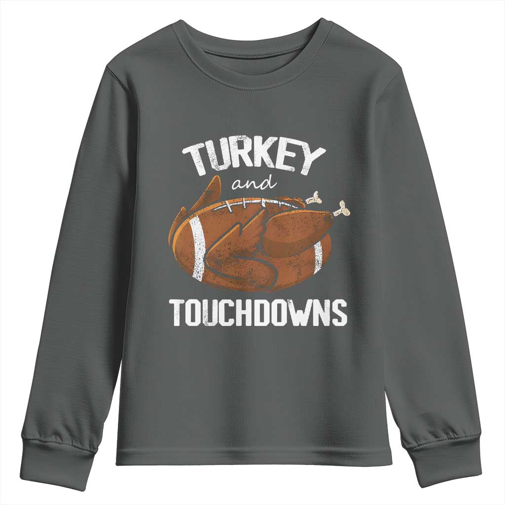 Funny Thanksgiving Youth Sweatshirt Turkey and Touchdowns Football Season TS10 Dark Heather Print Your Wear