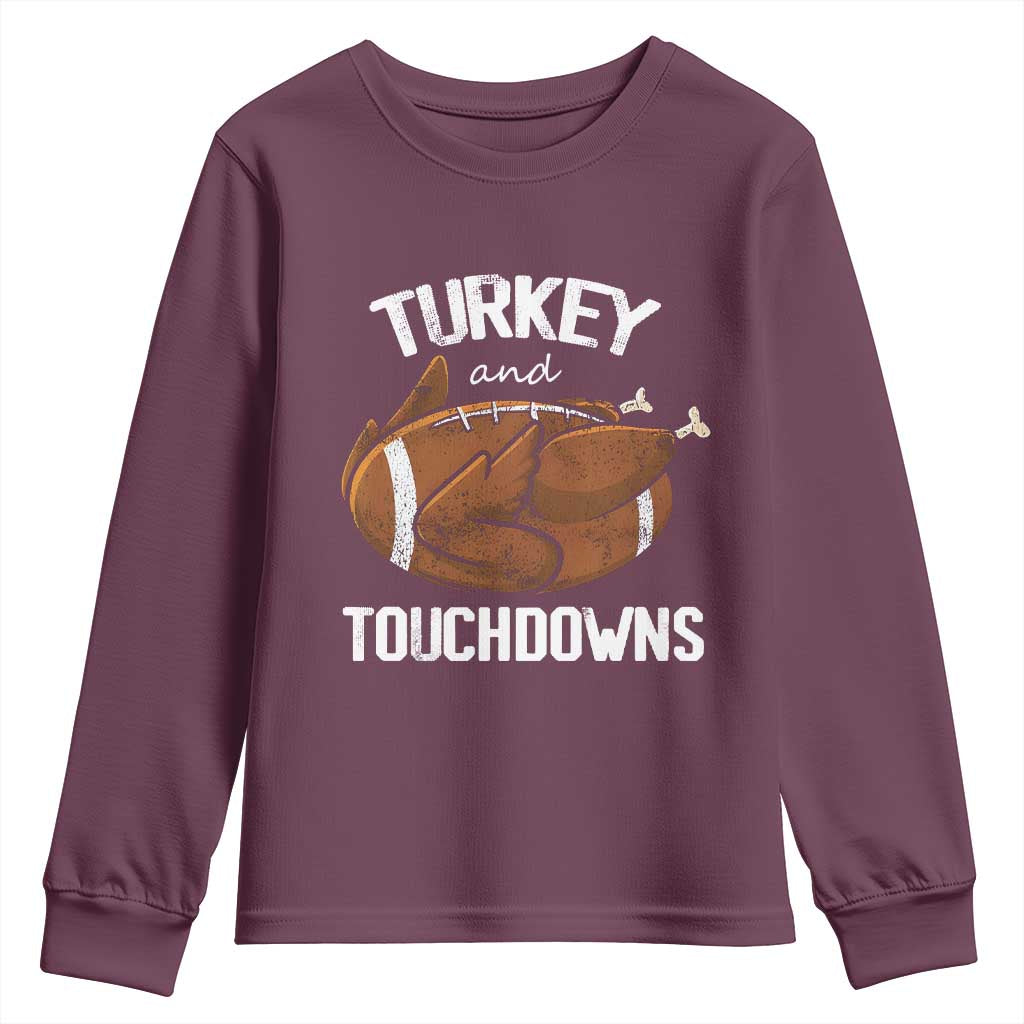 Funny Thanksgiving Youth Sweatshirt Turkey and Touchdowns Football Season TS10 Maroon Print Your Wear