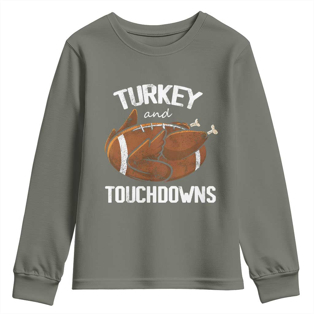 Funny Thanksgiving Youth Sweatshirt Turkey and Touchdowns Football Season TS10 Military Green Print Your Wear