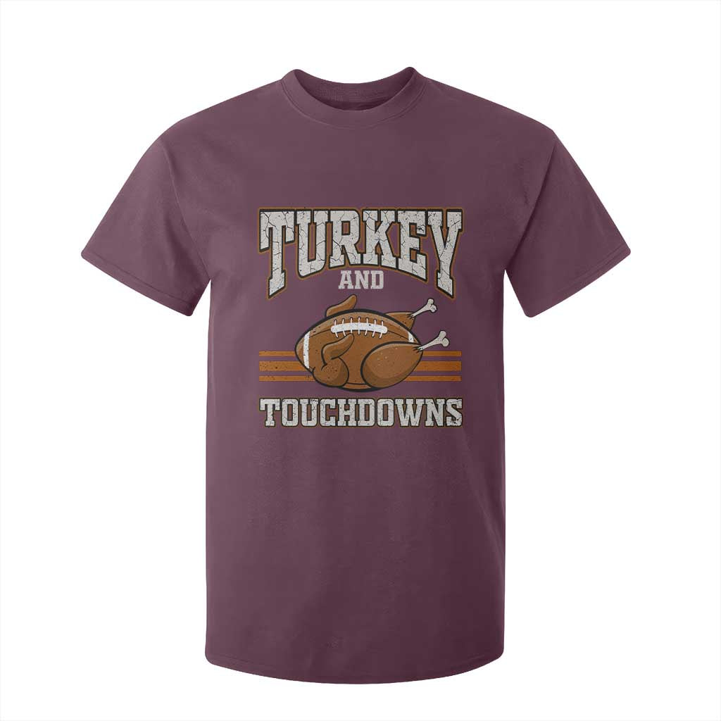 Thanksgiving Turkey And Touchdowns Football T Shirt For Kid Game Day Outfits American Football Player Gift TS10 Maroon Print Your Wear
