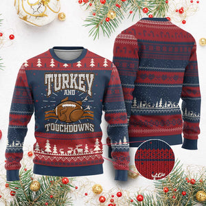 Thanksgiving Turkey And Touchdowns Football Knit Sweatshirt Game Day Outfits American Football Player Gift TS10 Burgundy Print Your Wear