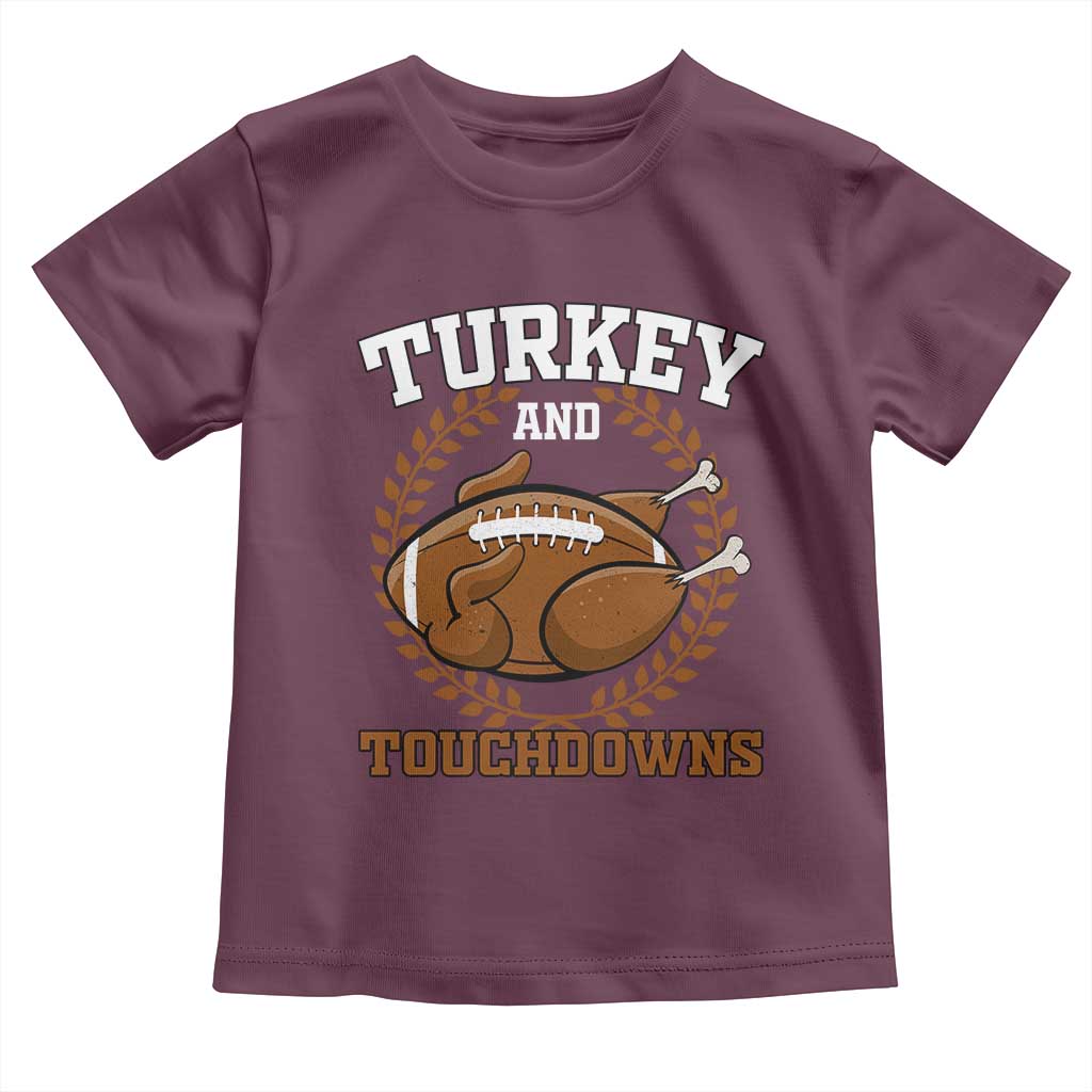 Thanksgiving Turkey And Touchdowns Football Season Baby Shirt Game Day Outfits American Football Player Gift TS10 Maroon Print Your Wear