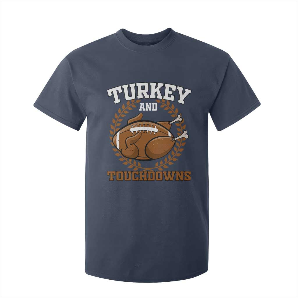 Thanksgiving Turkey And Touchdowns Football Season T Shirt For Kid Game Day Outfits American Football Player Gift TS10 Navy Print Your Wear
