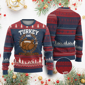 Thanksgiving Turkey And Touchdowns Football Season Knit Sweatshirt Game Day Outfits American Football Player Gift TS10 Burgundy Print Your Wear