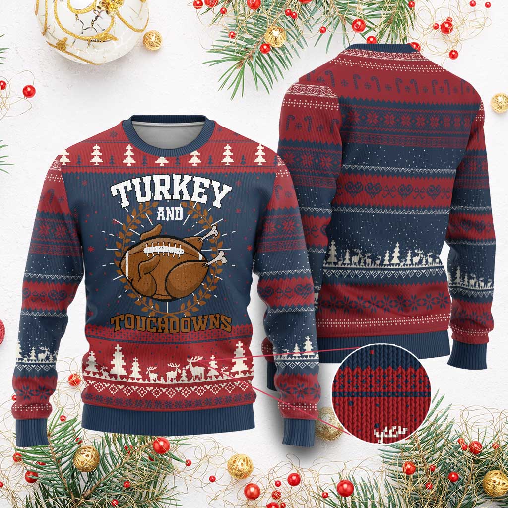 Thanksgiving Turkey And Touchdowns Football Season Knit Sweatshirt Game Day Outfits American Football Player Gift TS10 Burgundy Print Your Wear