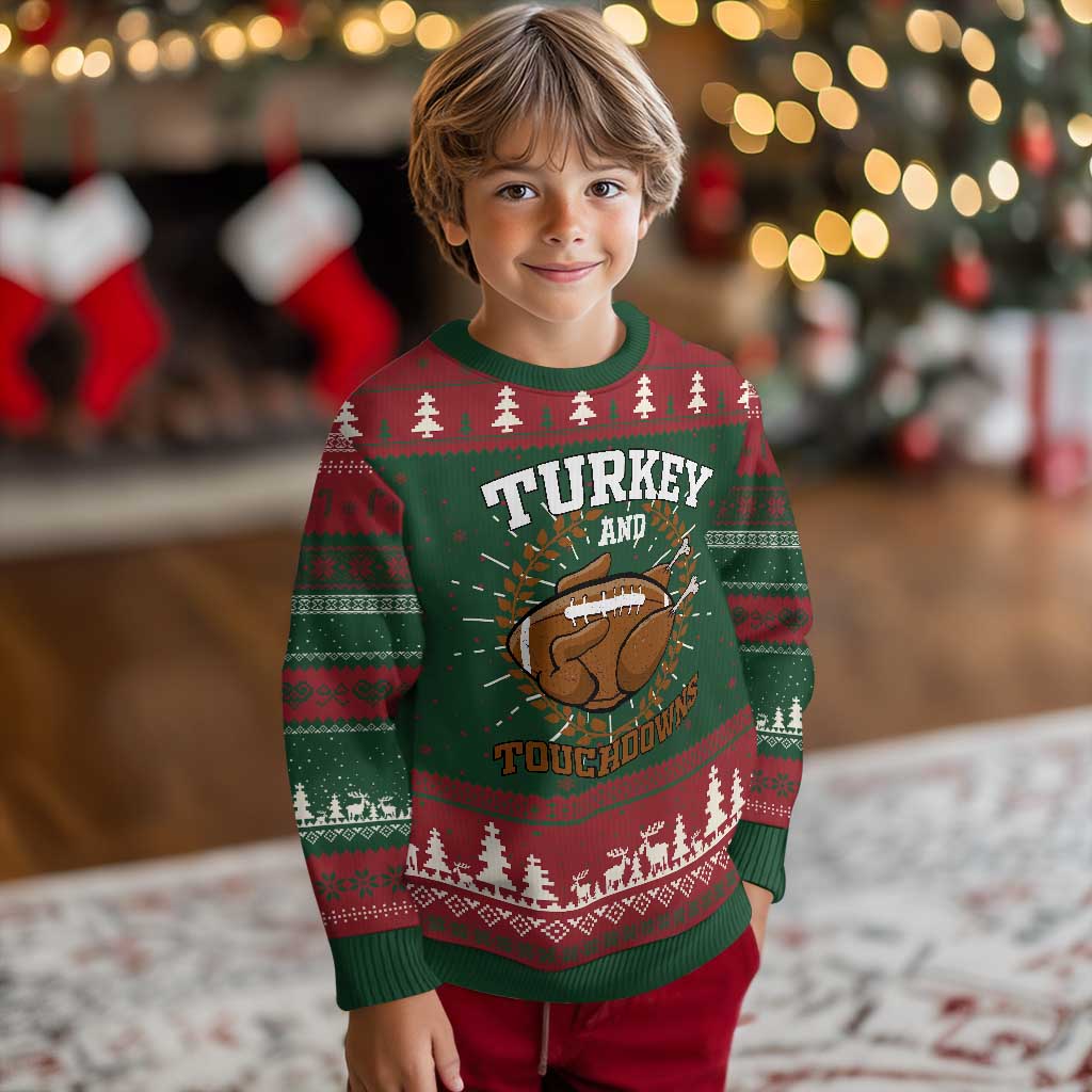 Thanksgiving Turkey And Touchdowns Football Season Knit Sweatshirt Game Day Outfits American Football Player Gift TS10 Christmas Print Your Wear