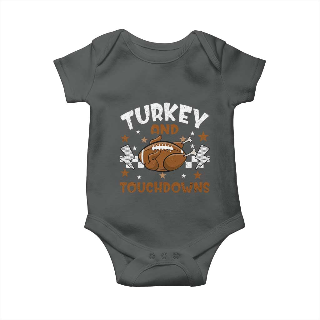 Thanksgiving Turkey And Touchdowns Football Season Baby Onesie Game Day TS10 Dark Heather Print Your Wear
