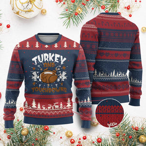 Thanksgiving Turkey And Touchdowns Football Season Knit Sweatshirt Game Day TS10 Burgundy Print Your Wear