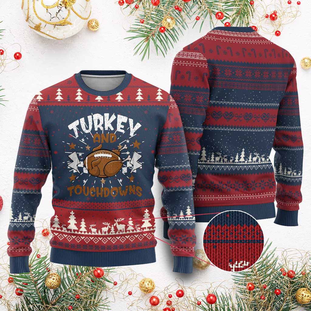 Thanksgiving Turkey And Touchdowns Football Season Knit Sweatshirt Game Day TS10 Burgundy Print Your Wear