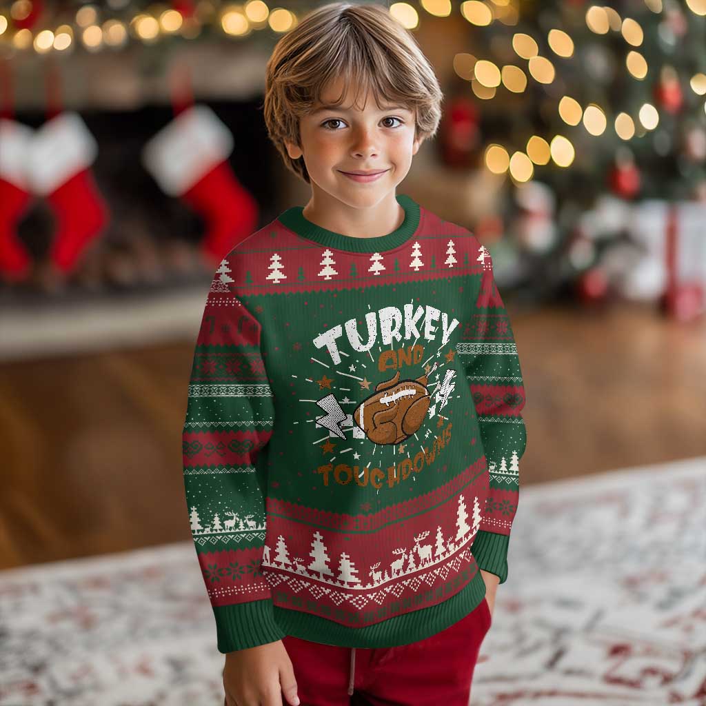 Thanksgiving Turkey And Touchdowns Football Season Knit Sweatshirt Game Day TS10 Christmas Print Your Wear