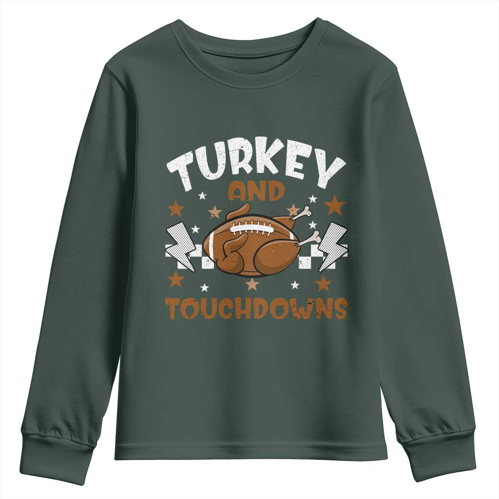 Thanksgiving Turkey And Touchdowns Football Season Youth Sweatshirt Game Day TS10 Dark Forest Green Print Your Wear