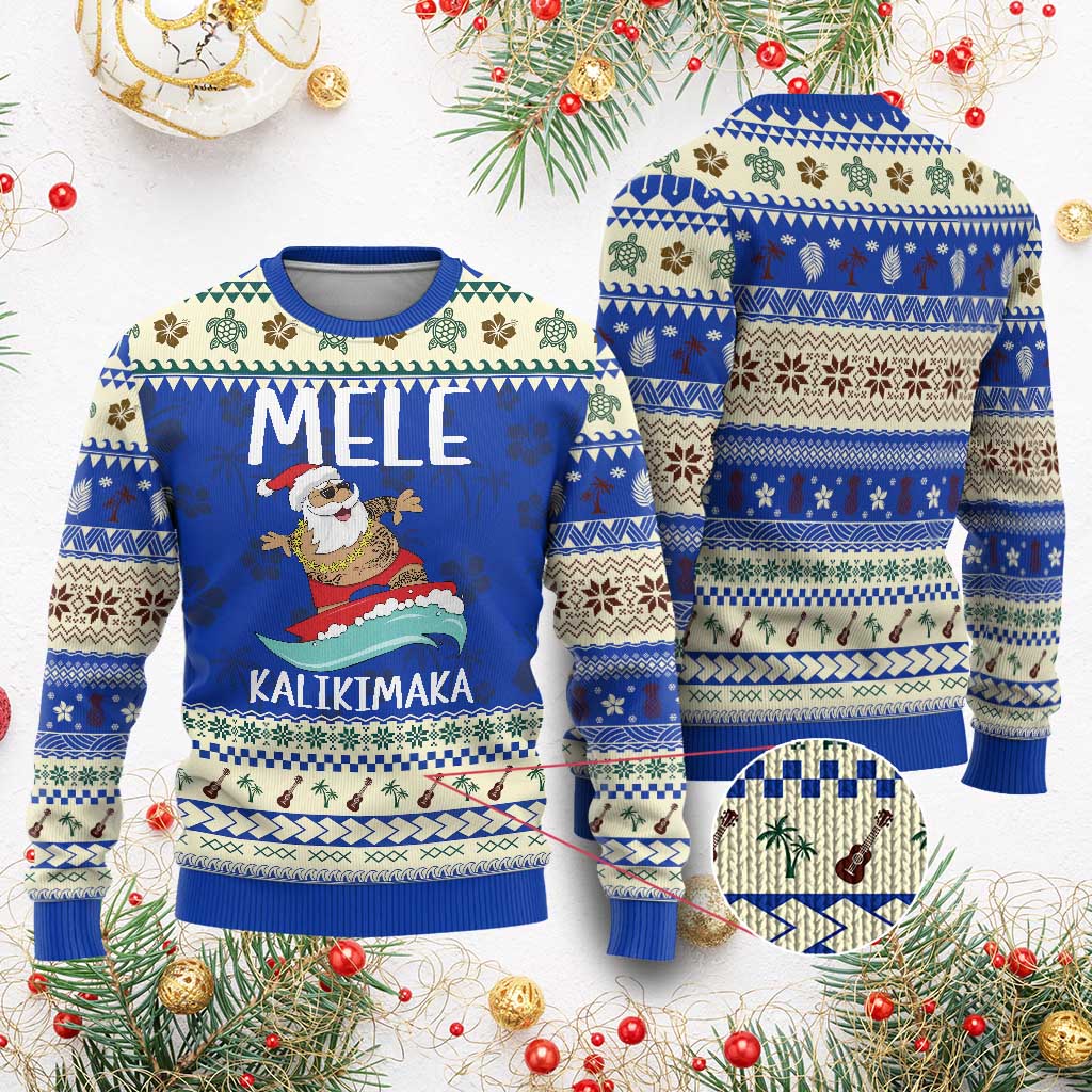 Hawaiian Christmas Ugly Christmas Sweater Mele Kalikimaka Hawaii Surfing Santa Tropical Beach TS10 Blue Print Your Wear