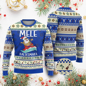 Hawaiian Christmas Ugly Christmas Sweater Mele Kalikimaka Hawaii Surfing Santa Tropical Beach TS10 Blue Print Your Wear