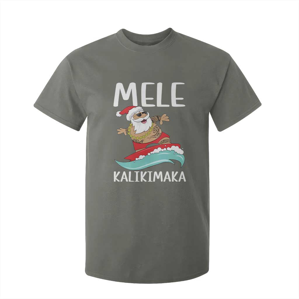 Hawaiian Christmas T Shirt For Kid Mele Kalikimaka Hawaii Surfing Santa Tropical Beach TS10 Military Green Print Your Wear
