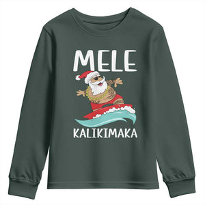 Hawaiian Christmas Youth Sweatshirt Mele Kalikimaka Hawaii Surfing Santa Tropical Beach TS10 Dark Forest Green Print Your Wear