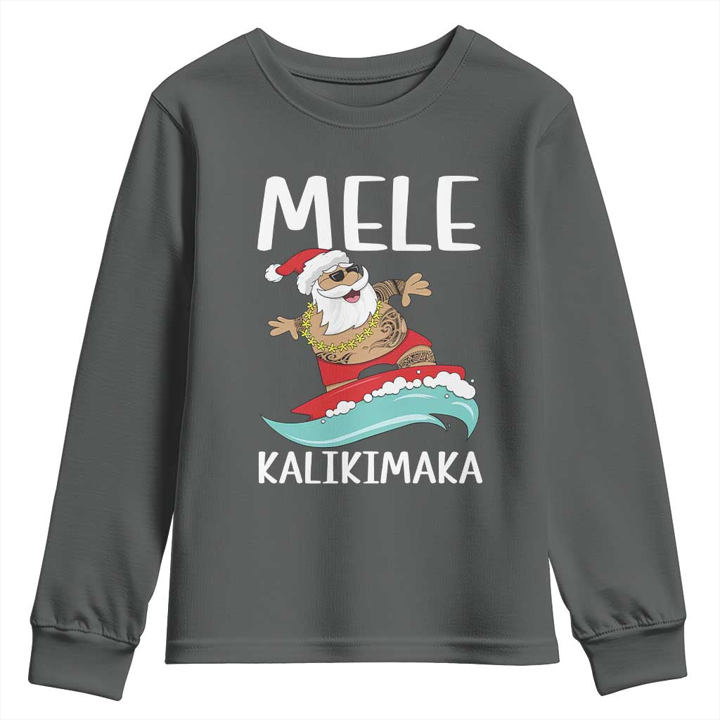 Hawaiian Christmas Youth Sweatshirt Mele Kalikimaka Hawaii Surfing Santa Tropical Beach TS10 Dark Heather Print Your Wear