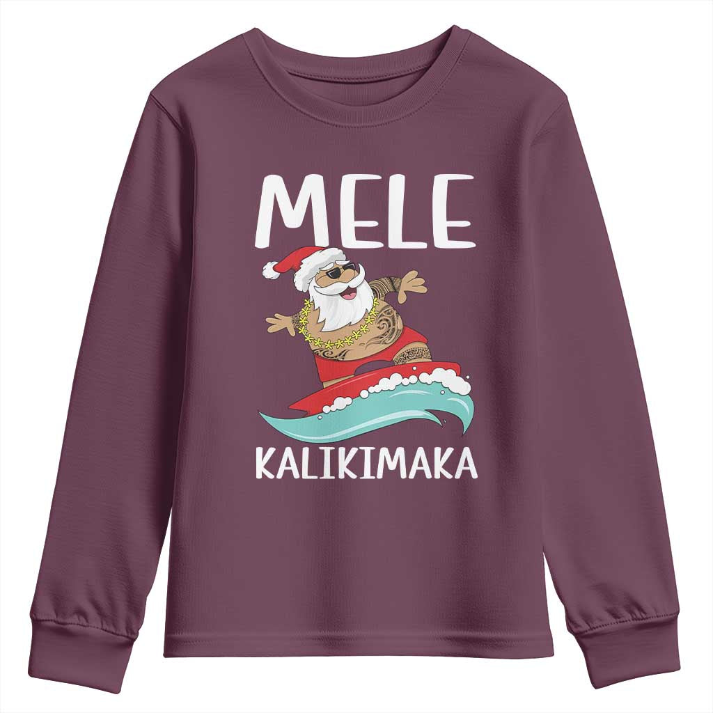 Hawaiian Christmas Youth Sweatshirt Mele Kalikimaka Hawaii Surfing Santa Tropical Beach TS10 Maroon Print Your Wear