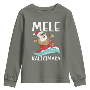 Hawaiian Christmas Youth Sweatshirt Mele Kalikimaka Hawaii Surfing Santa Tropical Beach TS10 Military Green Print Your Wear