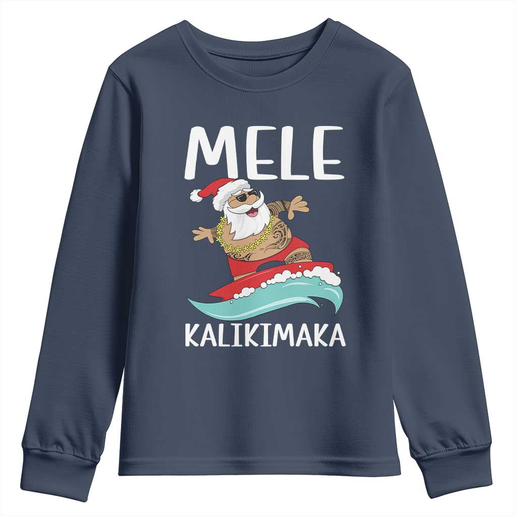 Hawaiian Christmas Youth Sweatshirt Mele Kalikimaka Hawaii Surfing Santa Tropical Beach TS10 Navy Print Your Wear