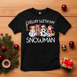 Snowman Christmas T Shirt Football Soccer Baseball Pickleball Chillin With My Snowmies Ugly Gift TS10 Black Print Your Wear