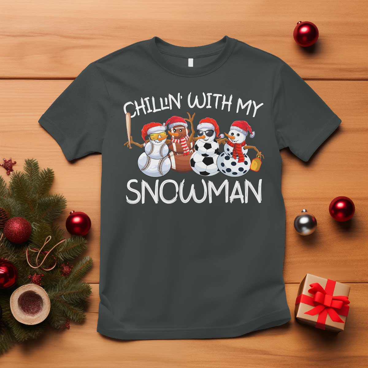 Snowman Christmas T Shirt Football Soccer Baseball Pickleball Chillin With My Snowmies Ugly Gift TS10 Dark Heather Print Your Wear