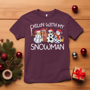 Snowman Christmas T Shirt Football Soccer Baseball Pickleball Chillin With My Snowmies Ugly Gift TS10 Maroon Print Your Wear