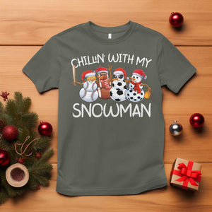 Snowman Christmas T Shirt Football Soccer Baseball Pickleball Chillin With My Snowmies Ugly Gift TS10 Military Green Print Your Wear